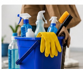 Bucket of professional cleaning supplies and gloves